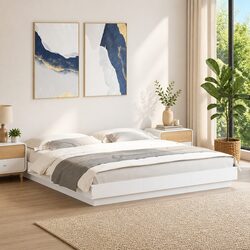 King Bed Frame with RGB LED Lights White 183x203 cm Engineered Wood Slatted Base