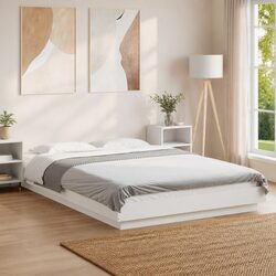White Bed Frame with RGB LED Lights Slatted Base 135x190 cm Bedroom Furniture