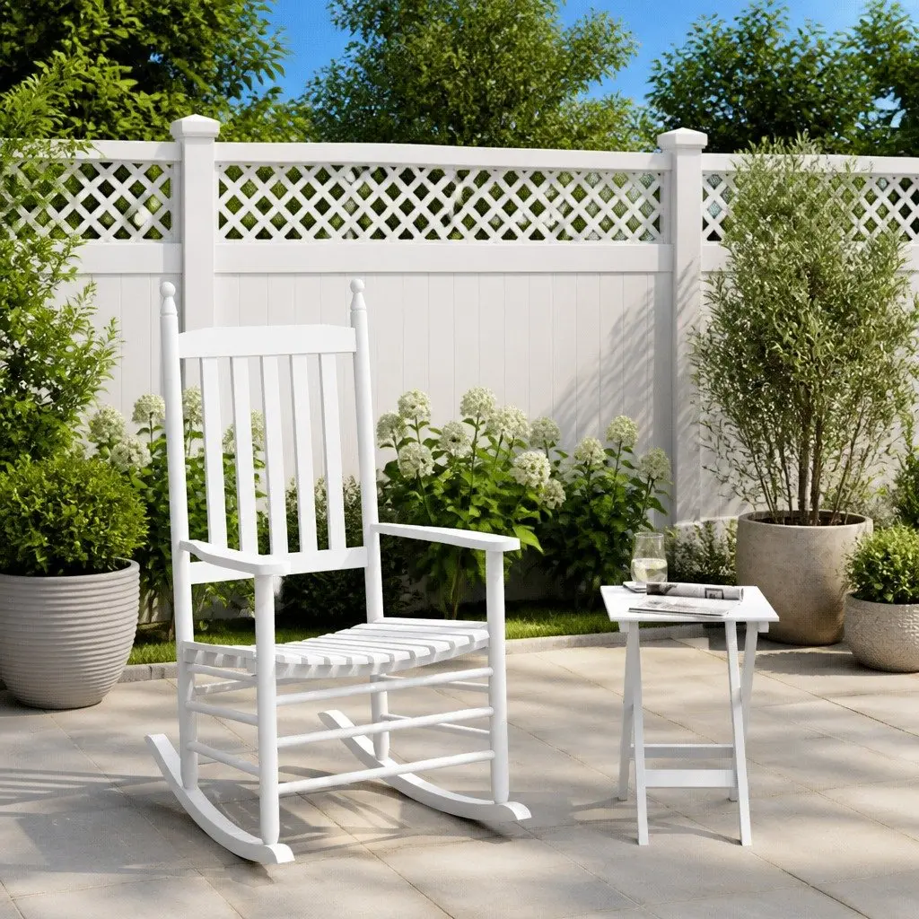 Rocking Chair with Foldable Side Table Poplar Wood White Outdoor Furniture