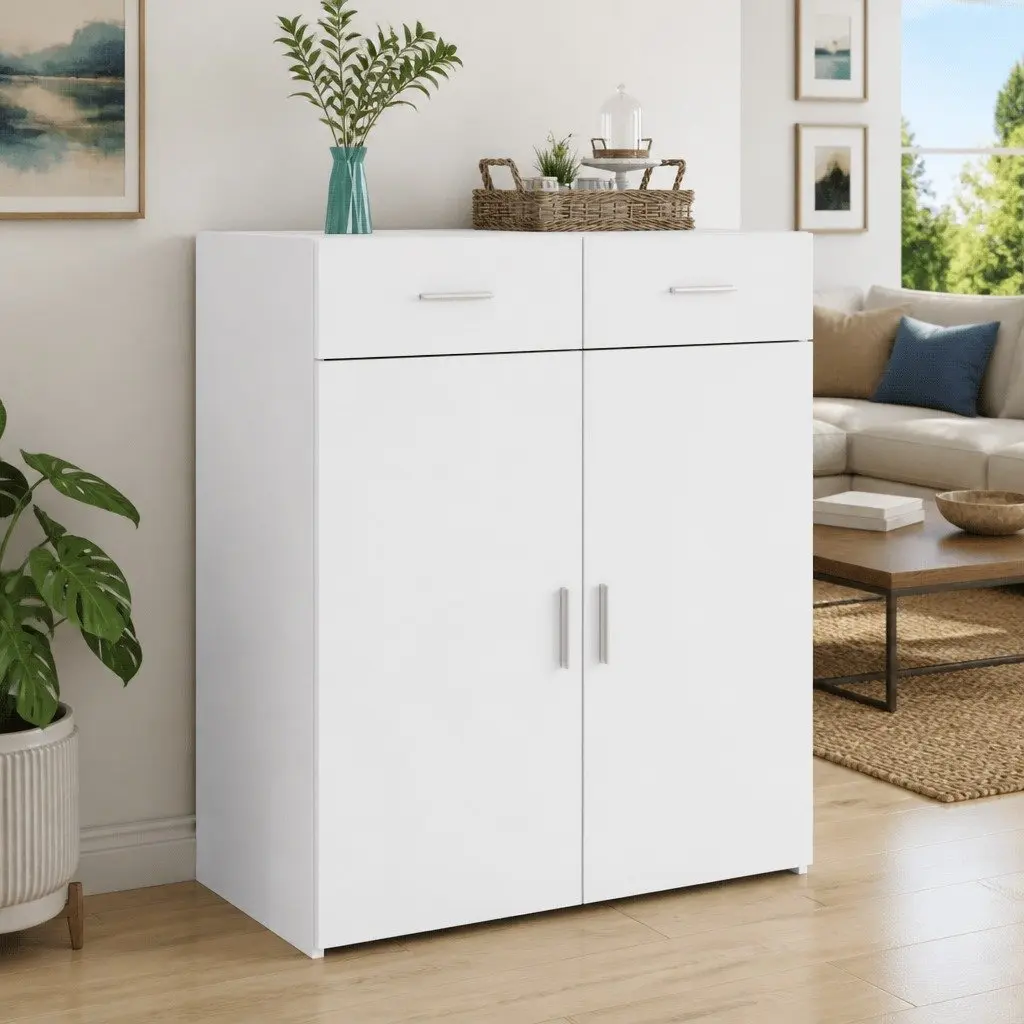 Sideboard Cabinet White Engineered Wood 80x42.5x93cm Storage with Drawers and Doors