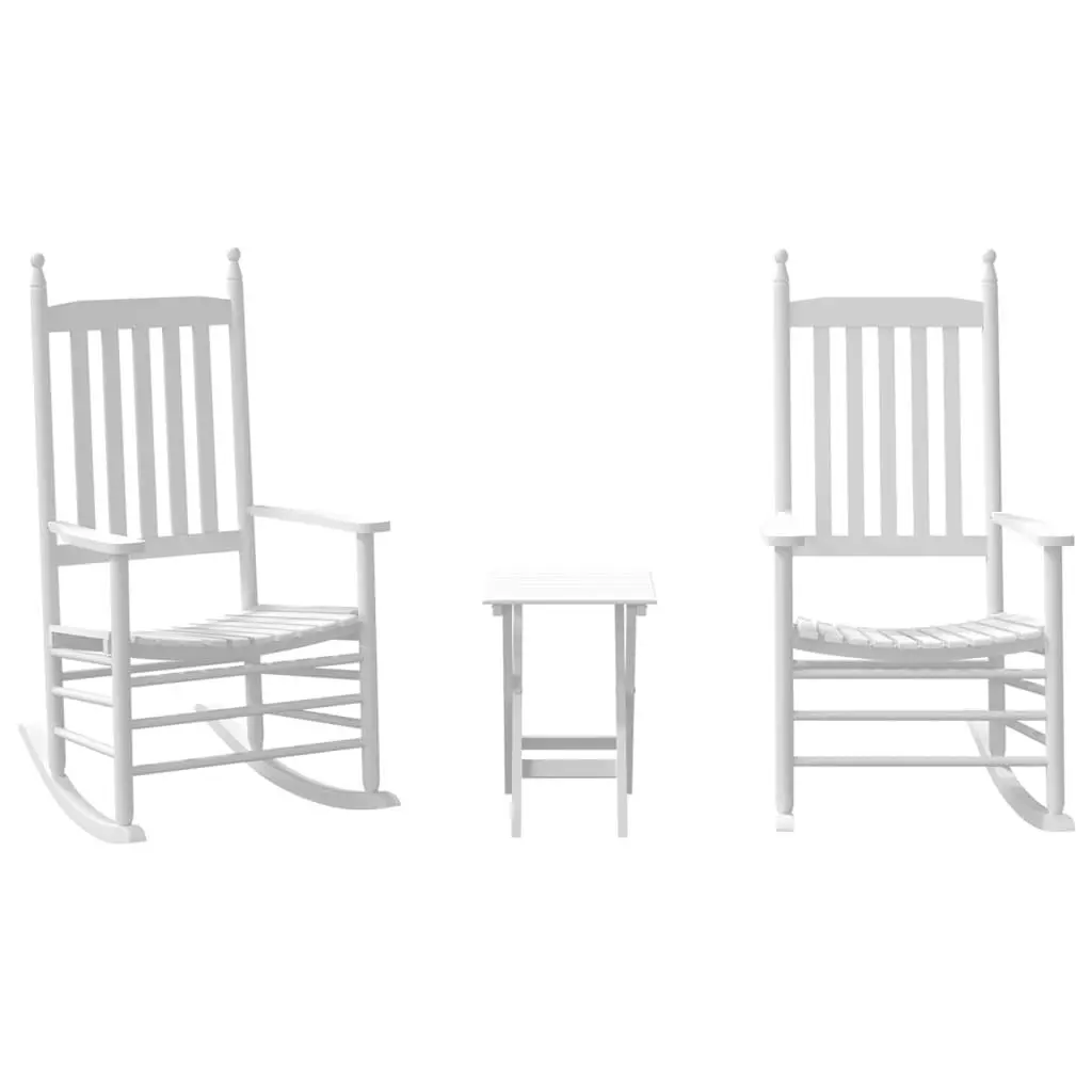Rocking Chairs Set 2pcs with Foldable Side Table White Wooden Patio Furniture