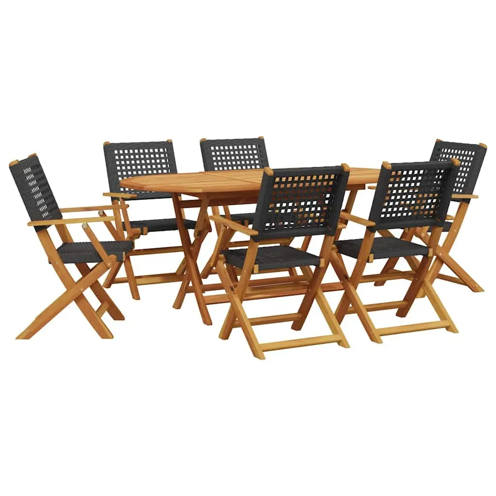 7 Piece Garden Dining Set Black Poly Rattan Solid Wood Outdoor Furniture Patio
