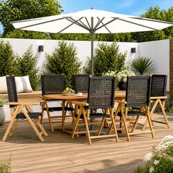 7 Piece Outdoor Dining Set Black Poly Rattan Solid Wood Garden Furniture Patio