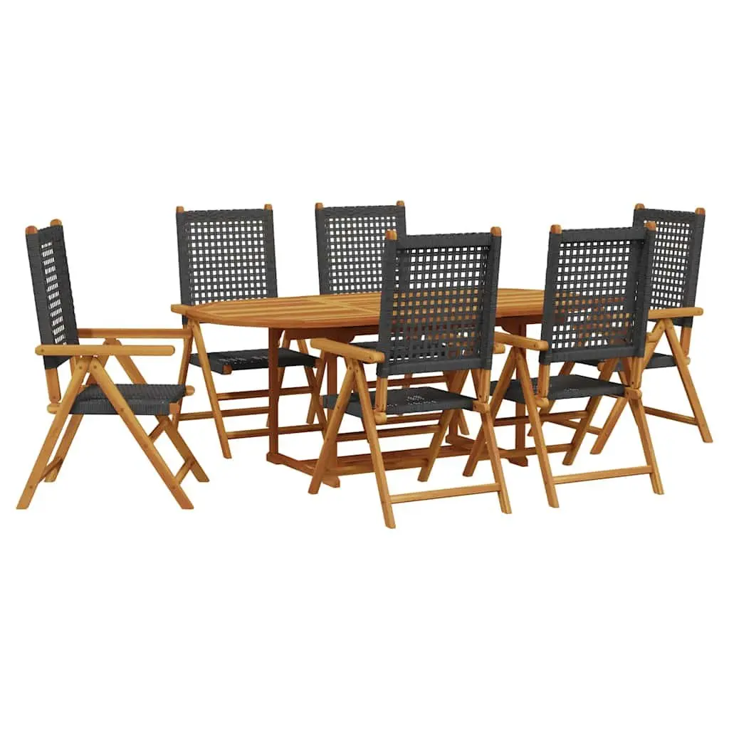 7 Piece Outdoor Dining Set Extendable Table Folding Chairs Reclining Backrest Black Poly Rattan Solid Wood Garden Furniture