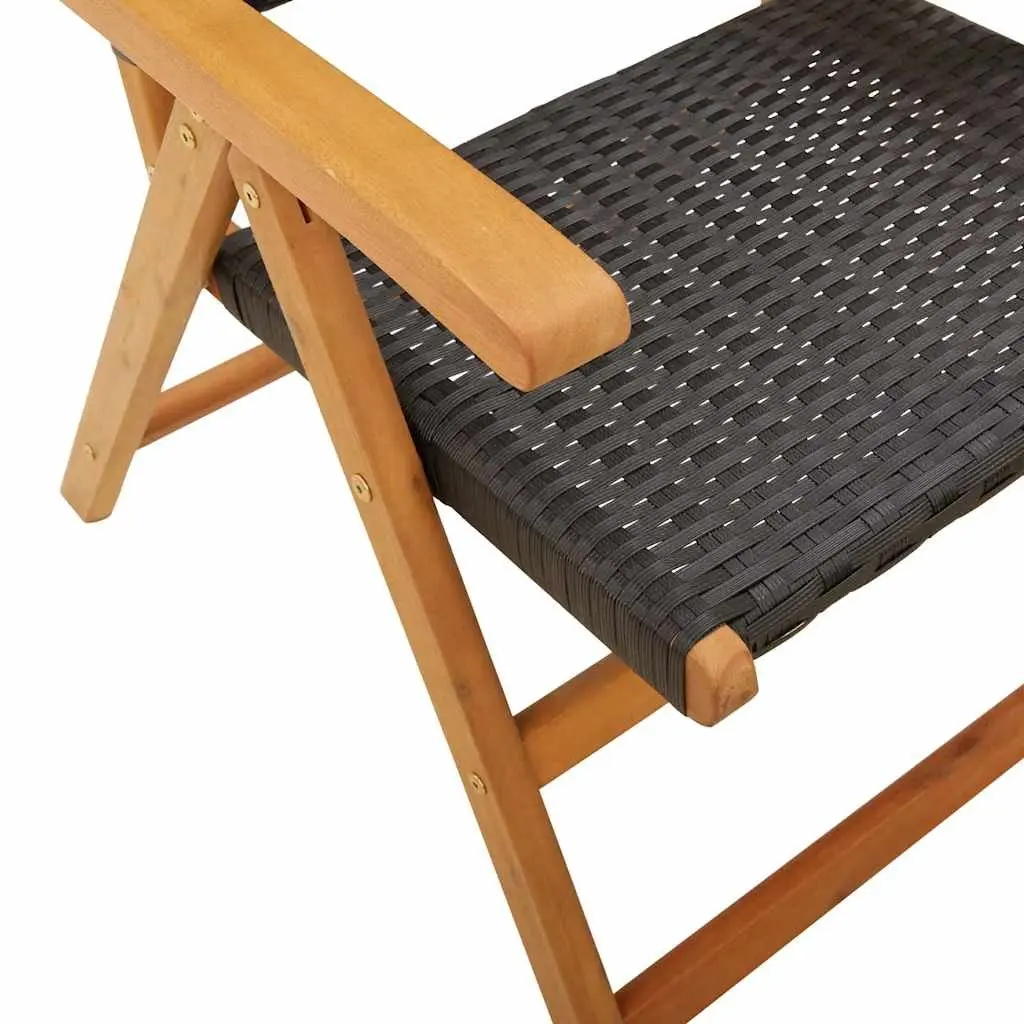 7 Piece Outdoor Dining Set Extendable Table Folding Chairs Reclining Backrest Black Poly Rattan Solid Wood Garden Furniture