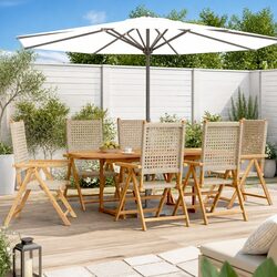 7 Piece Outdoor Dining Set Garden Furniture Beige Poly Rattan Solid Wood Patio