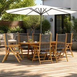 7 Piece Outdoor Garden Dining Set Grey PE Rattan Solid Wood Patio Furniture