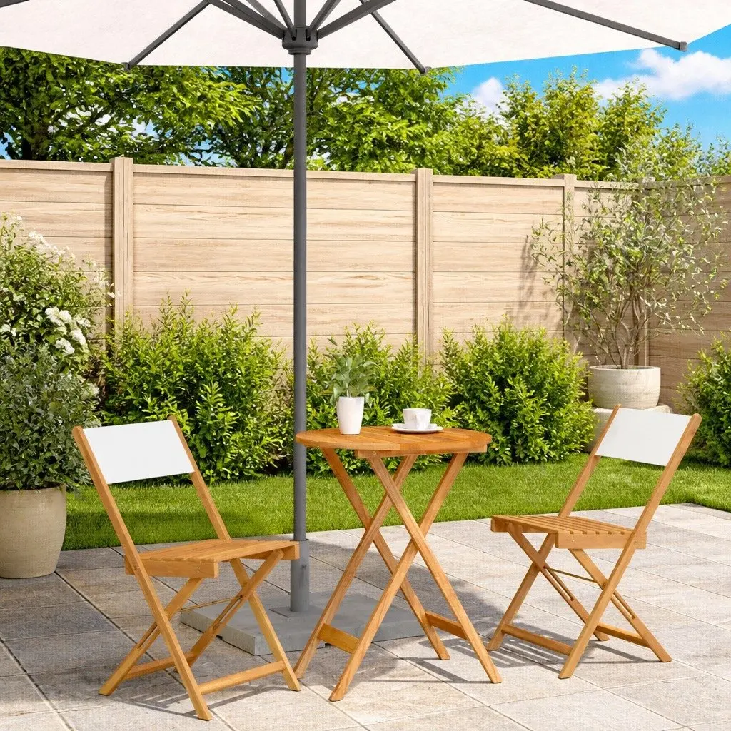 3 Piece Outdoor Bistro Set Foldable White Solid Acacia Wood Garden Patio Furniture Table Chairs