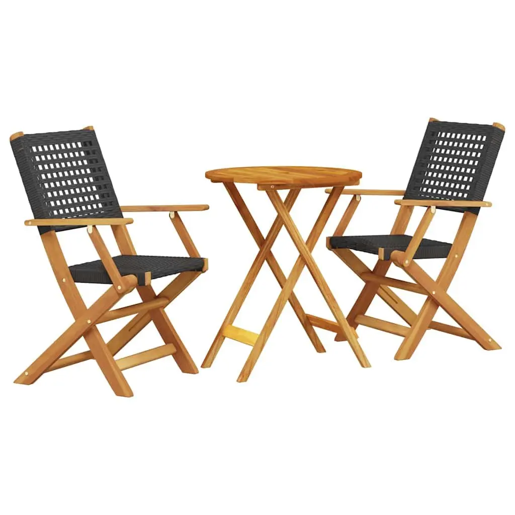 3 Piece Bistro Set Outdoor Garden Furniture Black Poly Rattan Wood Foldable