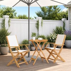3 Piece Outdoor Bistro Set White Cream Fabric Solid Wood Garden Patio Furniture
