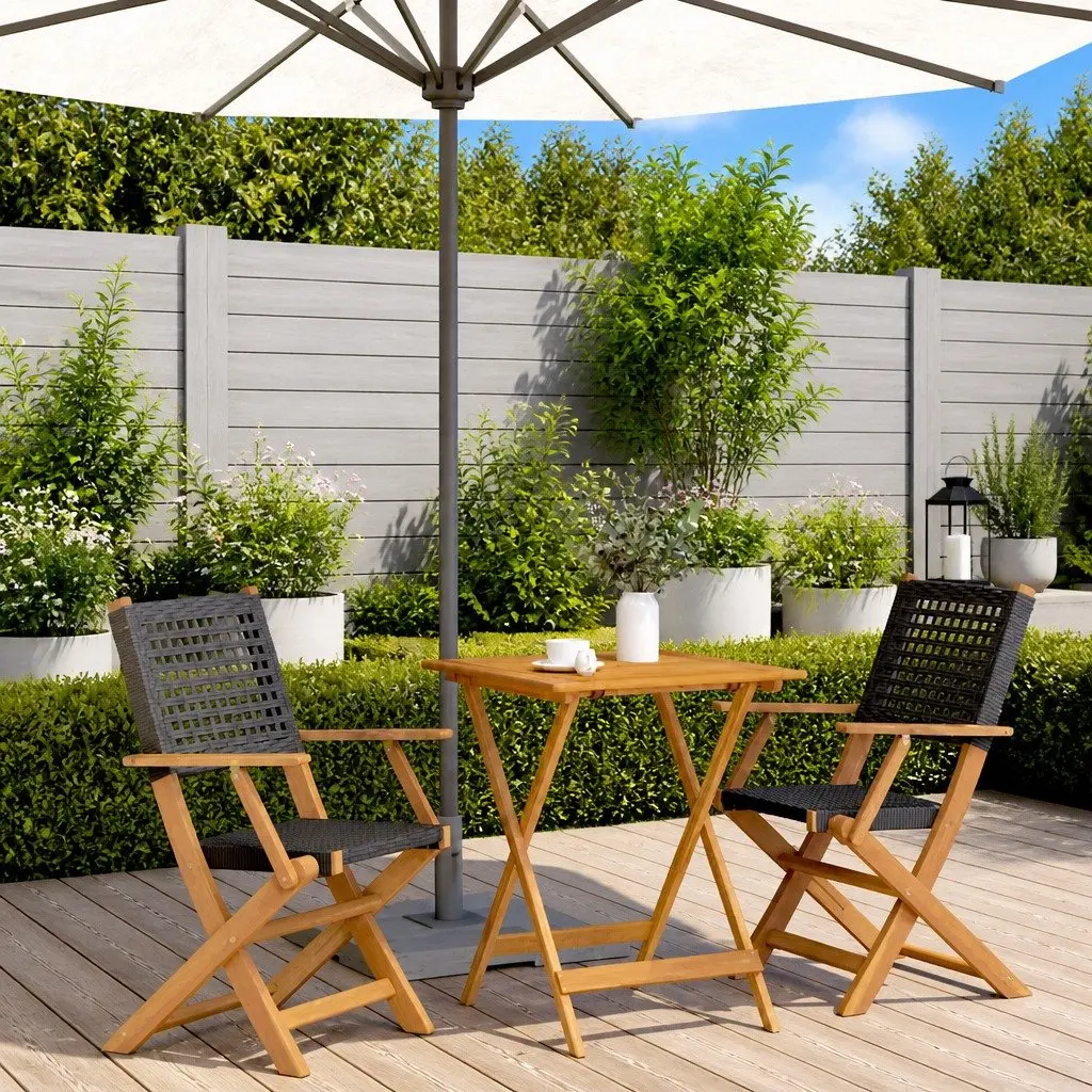 3 Piece Bistro Set Outdoor Garden Furniture Black Poly Rattan Wood Foldable