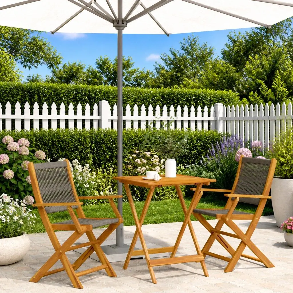 3 Piece Bistro Set Foldable Table Chairs Grey Solid Acacia Wood Outdoor Garden Furniture