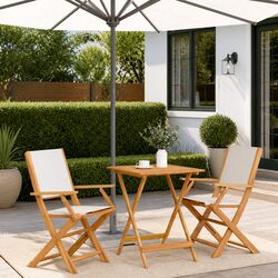 3 Piece Outdoor Bistro Set Folding Garden Furniture White Fabric Chairs Wooden