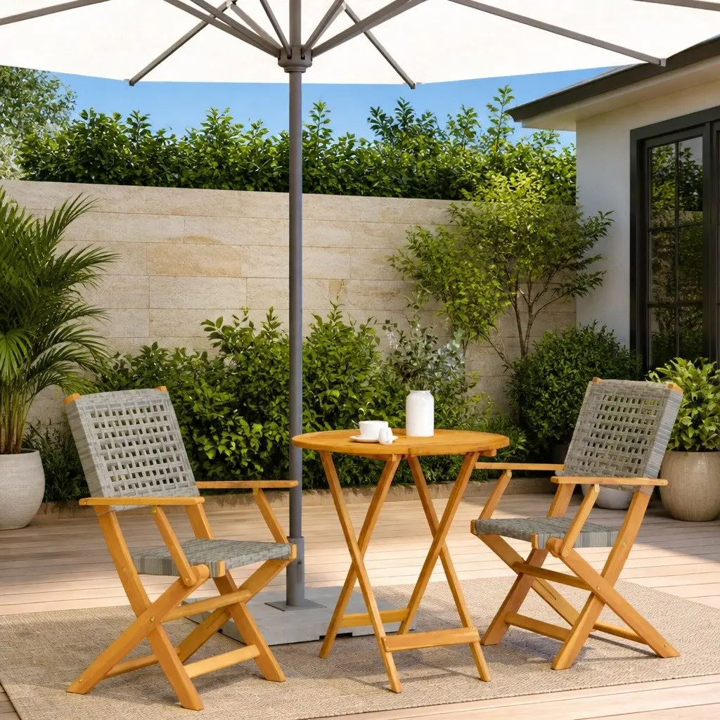 3 Piece Bistro Set Grey Poly Rattan Outdoor Furniture Garden Patio Dining Table