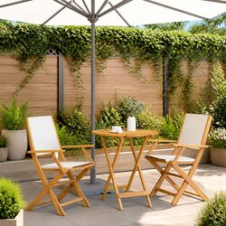 Outdoor Bistro Set 3 Piece Foldable Garden Furniture White Fabric Wooden Chairs