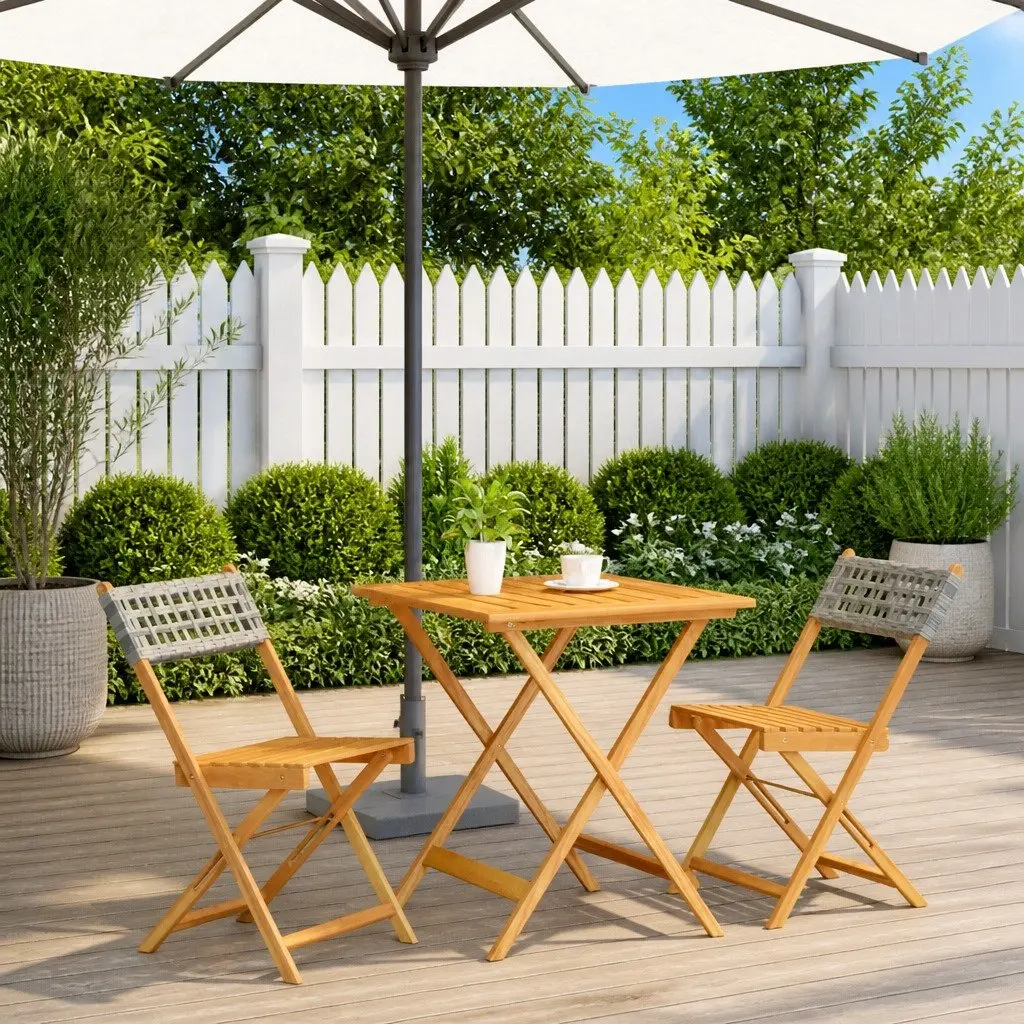 3 Piece Bistro Set Grey Outdoor Garden Furniture Rattan Wood Patio Dining Table