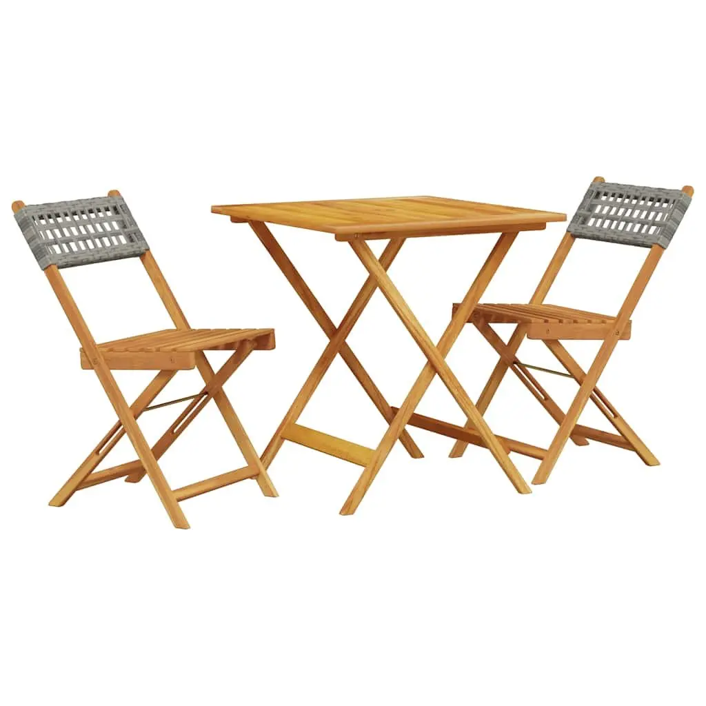 3 Piece Bistro Set Grey Outdoor Garden Furniture Rattan Wood Patio Dining Table