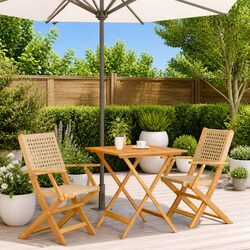 Outdoor Bistro Set 3 Piece Beige Poly Rattan Solid Wood Garden Patio Furniture