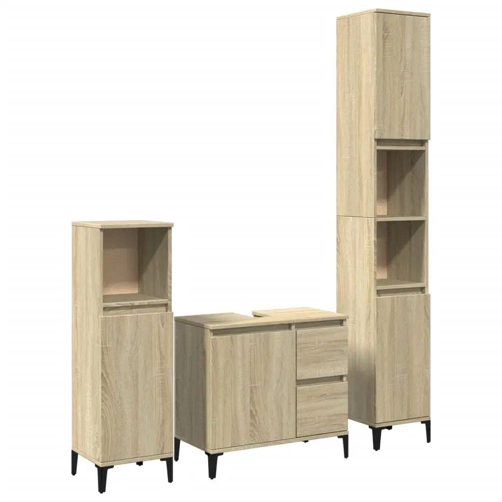 3 Piece Bathroom Furniture Set Brown Engineered Wood Storage Cabinet Sink Vanity