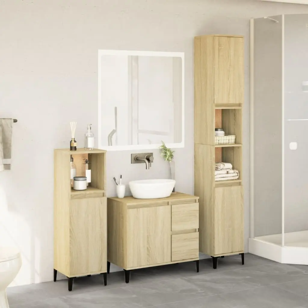 3 Piece Bathroom Furniture Set Brown Engineered Wood Storage Cabinet Sink Vanity