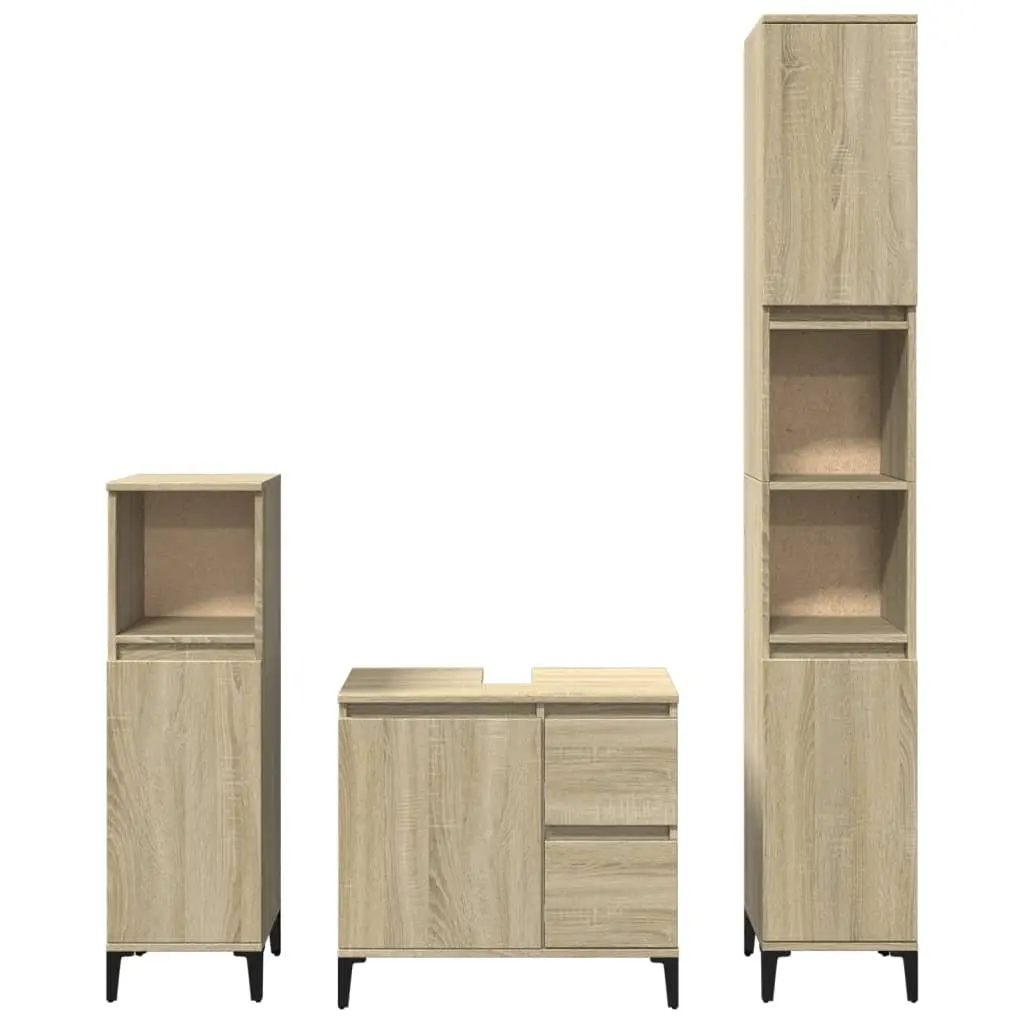 3 Piece Bathroom Furniture Set Brown Engineered Wood Storage Cabinet Sink Vanity