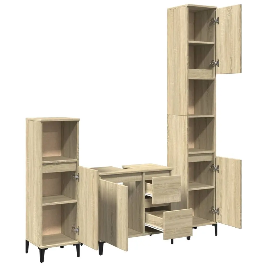 3 Piece Bathroom Furniture Set Brown Engineered Wood Storage Cabinet Sink Vanity