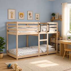 Bunk Bed Single Solid Wood Pine Frame Slatted Base Guardrails Space-Saving