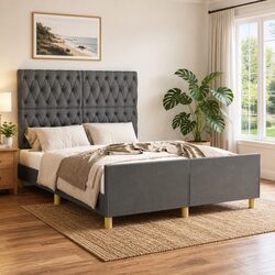 Double Bed Frame Grey Fabric Headboard 137x187cm Bedroom Furniture Adjustable