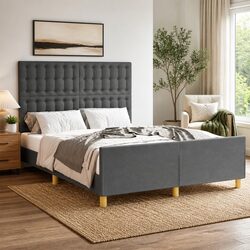 Double Bed Frame Grey Fabric Headboard 137x187cm Adjustable Height Slats