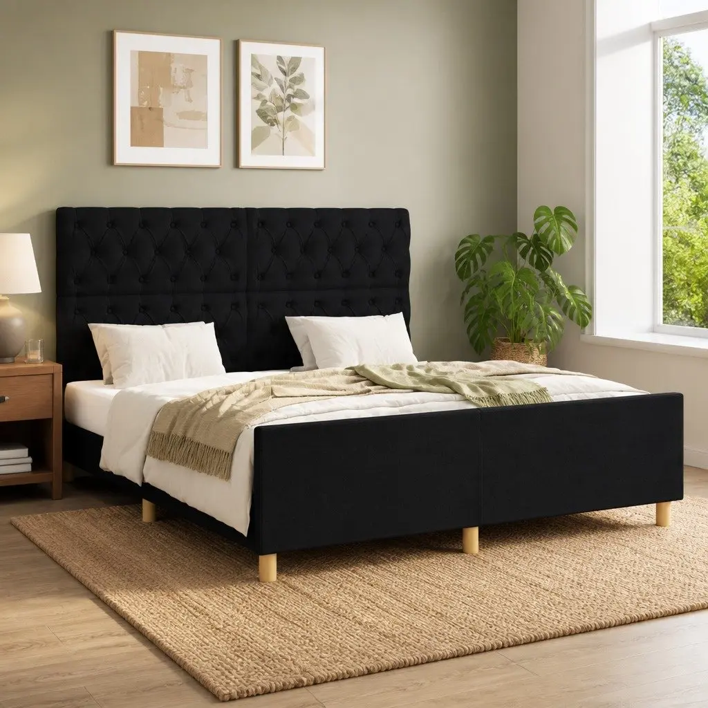 Bed Frame with Headboard Fabric 152x203 cm Black