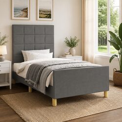 King Single Bed Frame Grey Fabric Headboard Adjustable Height Plywood Slats