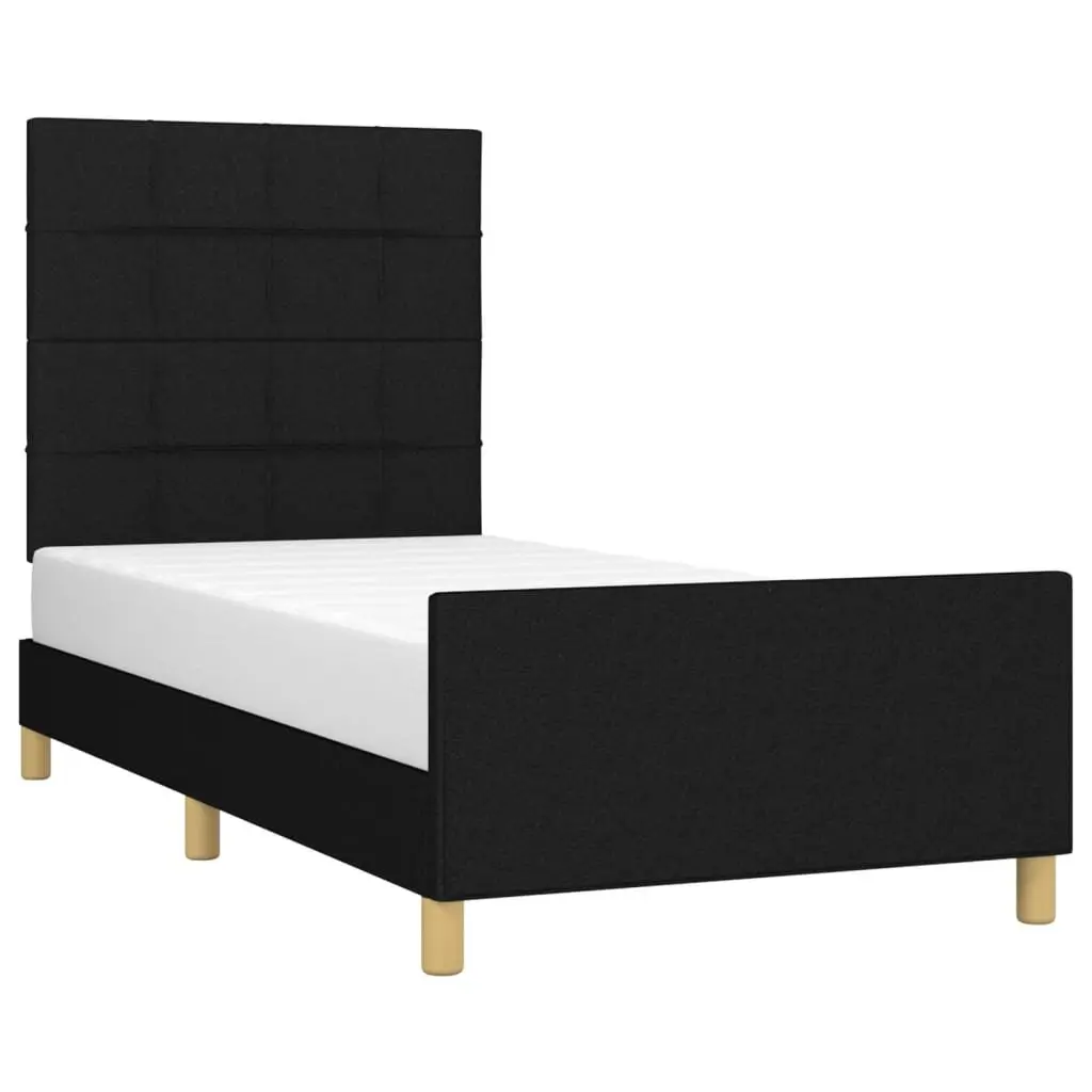 King Single Bed Frame Black 107x203cm Fabric Headboard Adjustable Height Support