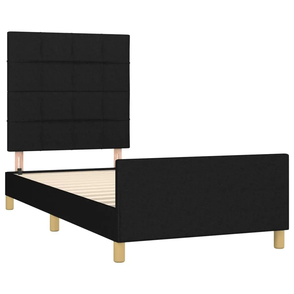 King Single Bed Frame Black 107x203cm Fabric Headboard Adjustable Height Support
