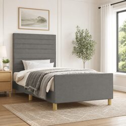 King Single Bed Frame Grey Fabric Headboard Adjustable Height Plywood Slats