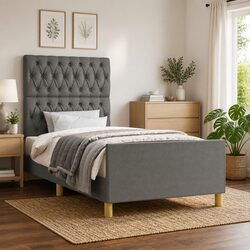 King Single Bed Frame with Headboard Grey Fabric 107x203 cm Upholstered Platform