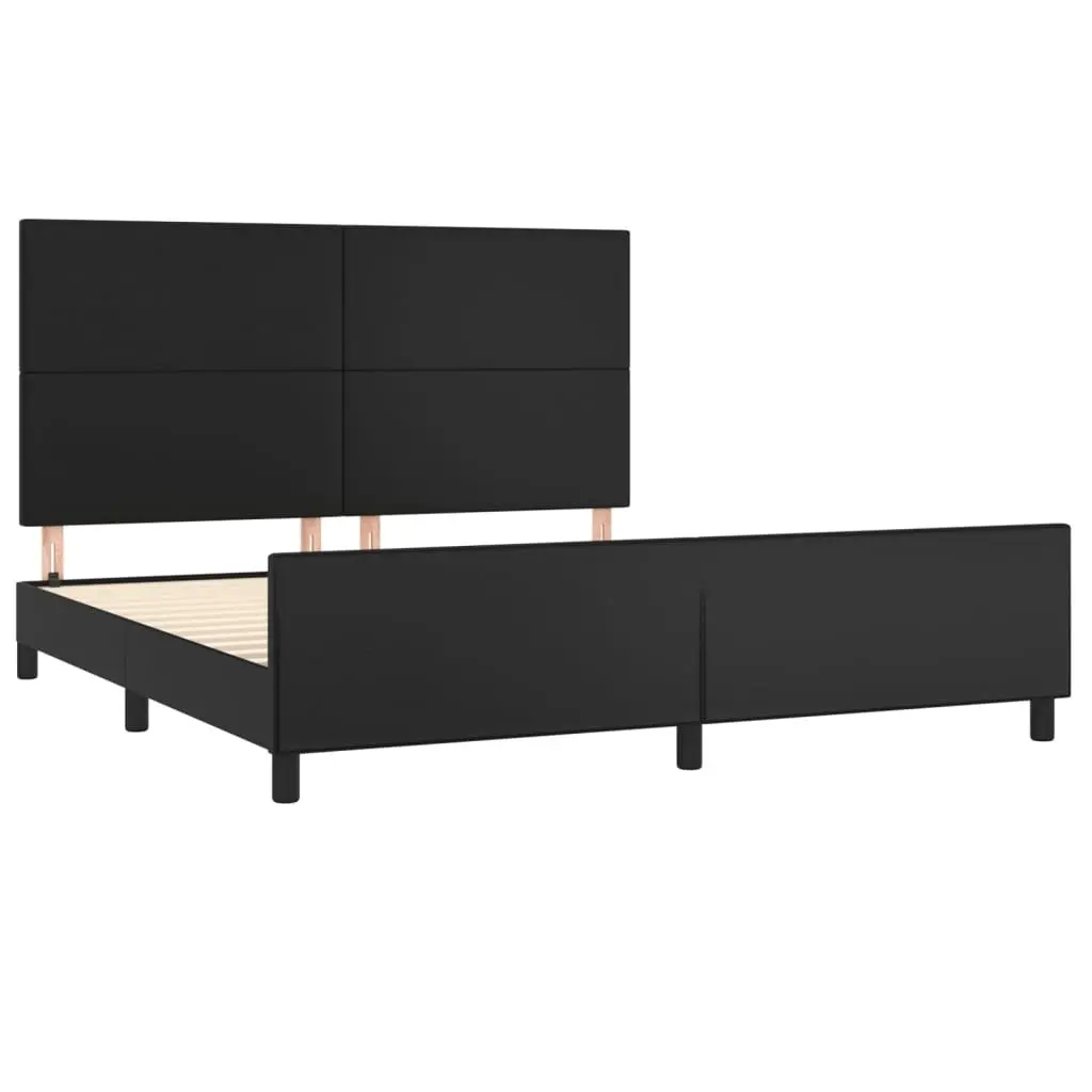 Queen Bed Frame Adjustable Height Black Faux Leather Upholstery