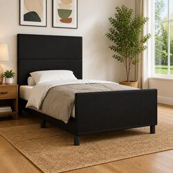 King Single Bed Frame with Headboard 107x203cm Black Velvet Faux Leather No