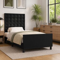 King Single Bed Frame 107x203cm Black Velvet Headboard Faux Leather No Mattress