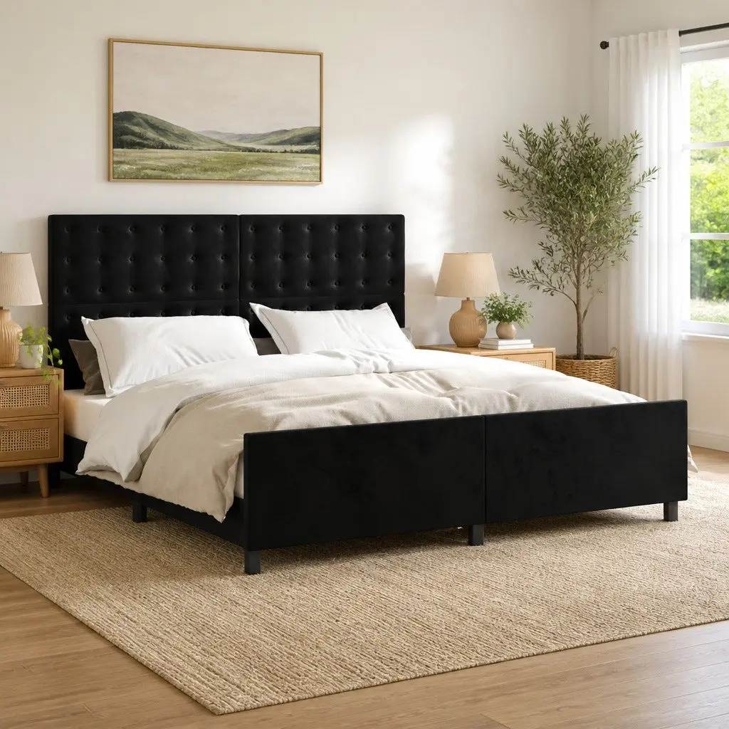 Queen Bed Frame Adjustable Height Black Velvet 152x203cm Plywood Slats