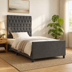 King Single Bed Frame Grey Velvet Headboard Adjustable 107x203cm No Mattress