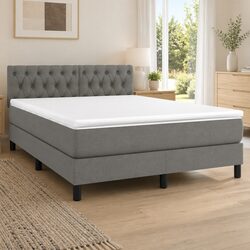Queen Size Box Spring Bed with Mattress Grey Fabric Adjustable Headboard