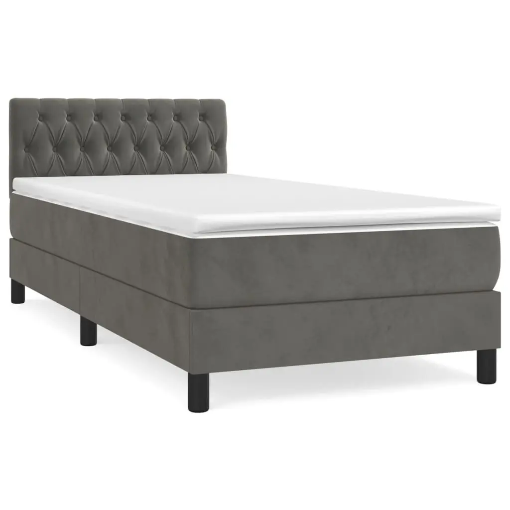Box Spring Bed with Pocket Spring Mattress King Single Grey Velvet Headboard
