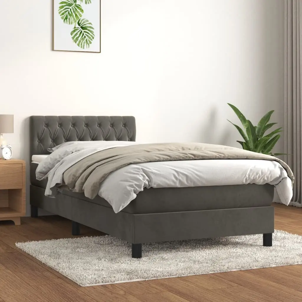 Box Spring Bed with Pocket Spring Mattress King Single Grey Velvet Headboard