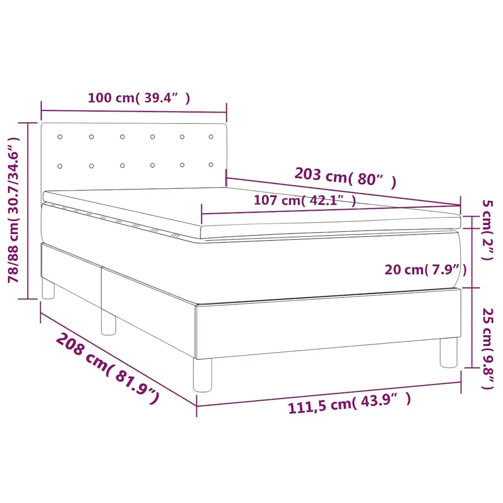 Box Spring Bed Velvet King Single 106x203cm Grey Pocket Spring Mattress