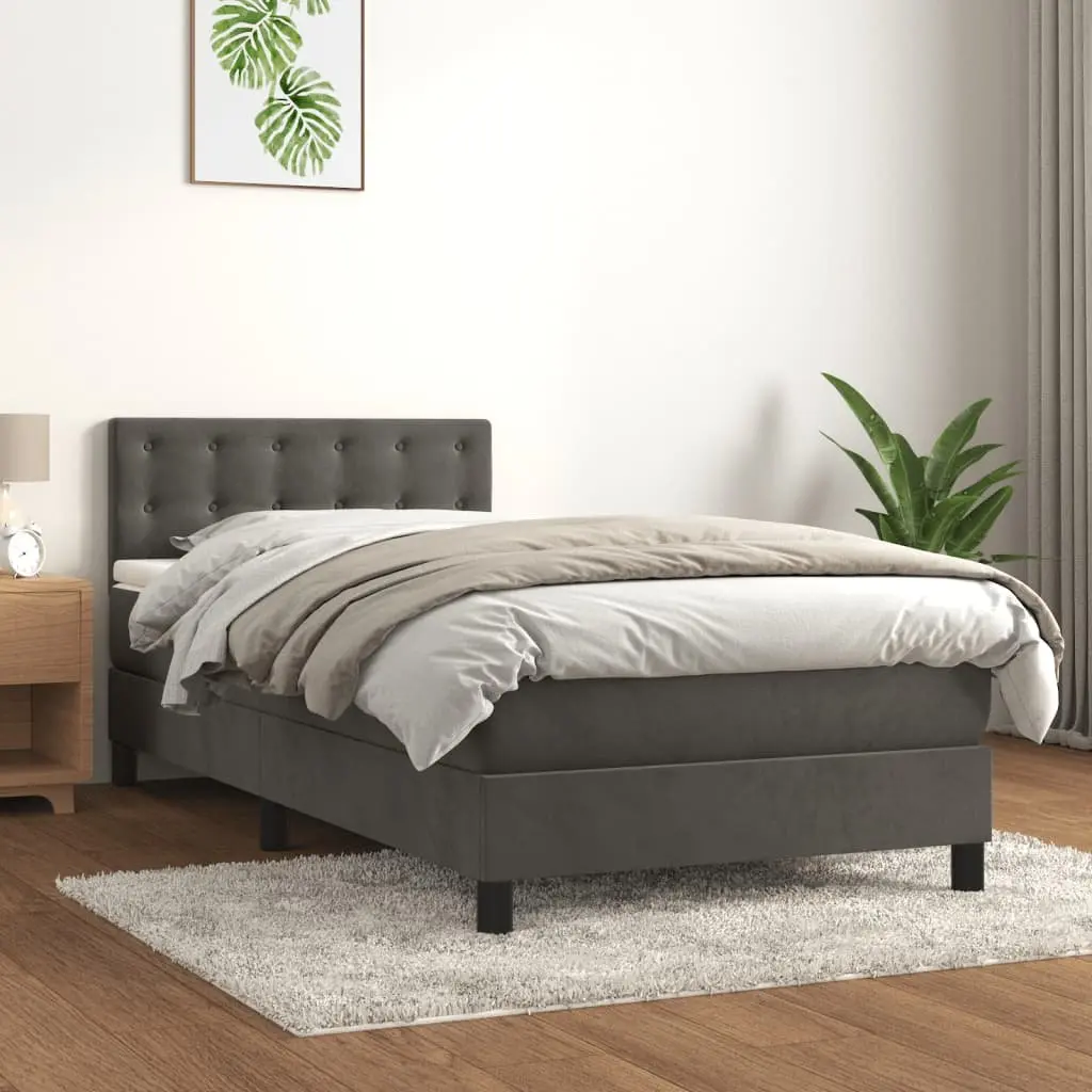 Box Spring Bed Velvet King Single 106x203cm Grey Pocket Spring Mattress