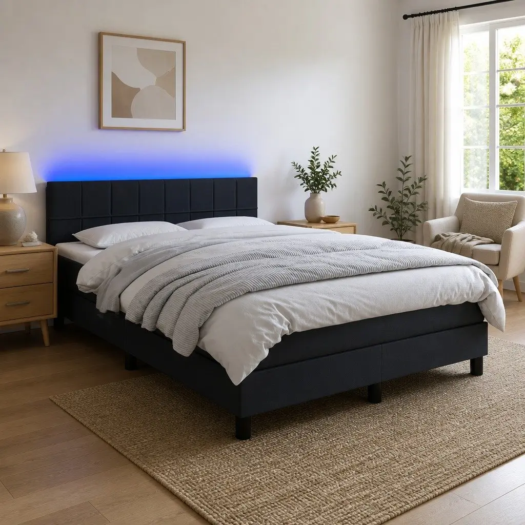 Box Spring Bed with Pocket Spring Mattress Adjustable Fabric Headboard Queen Size Dark Grey