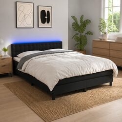 Queen Size Box Spring Bed with Pocket Spring Mattress Adjustable Headboard LED