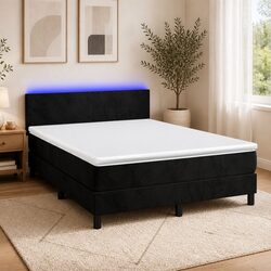 Box Spring Bed with Pocket Mattress LED Headboard Queen Size Black Velvet