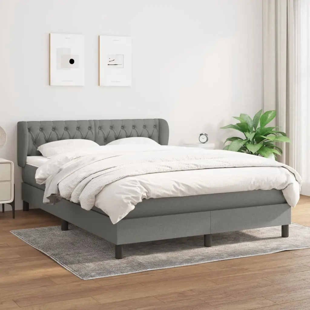 Box Spring Bed Queen Size Grey Fabric Mattress Adjustable Headboard 153x203cm