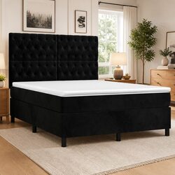 Queen Size Box Spring Bed with Pocket Spring Mattress Black Velvet Headboard